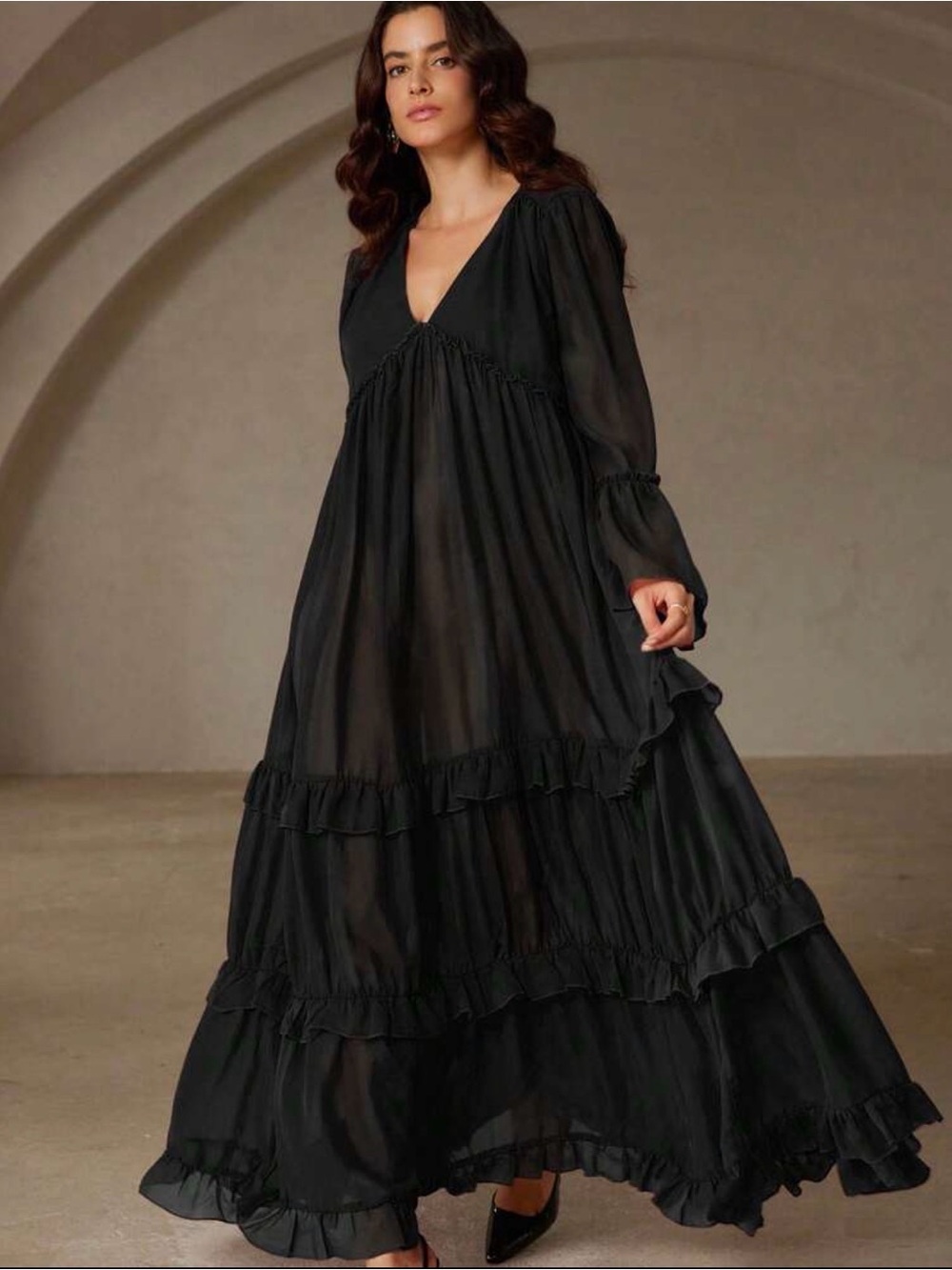 SHEIN Black Sheer Tiered Ruffle V-Neck Maxi Dress
